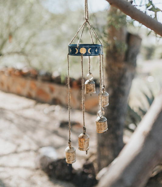 Indukala Moon Phase Mobile Rustic Bell Wind Chime - Handmade