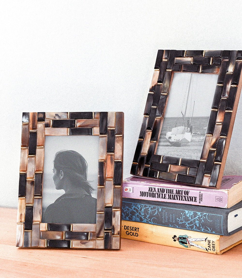 Kachhua 4x6 Beveled Picture Frame - Assorted Carved Horn, Brass Accent
