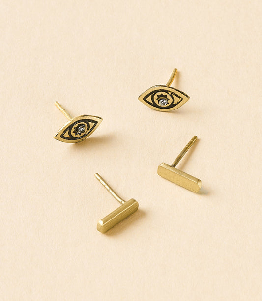 Ruchi Evil Eye Tiny Bar Gold Stud Earrings Set of 2