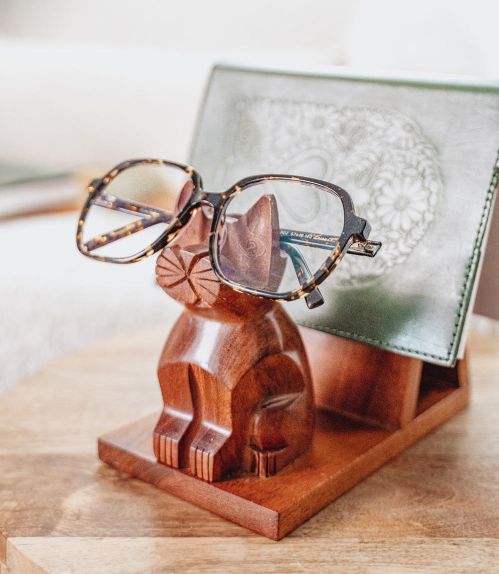 Cat Book & Glasses Caddy - Hand Carved Wood