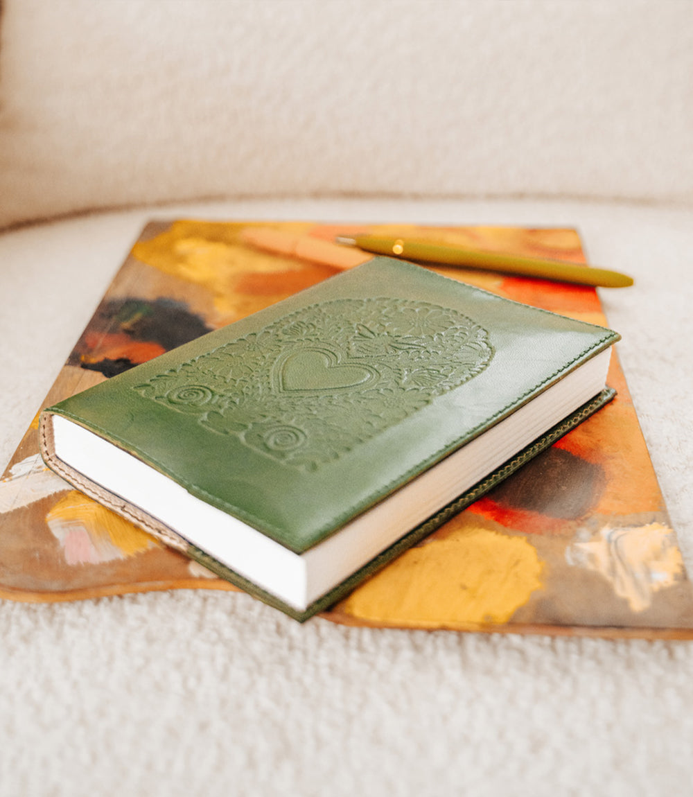 Floral Heart Embossed Green Leather Journal - Refillable Notebook