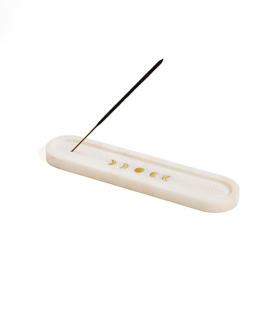 Indukala Moon Phase Trinket Dish Incense Holder - White Carved Marble