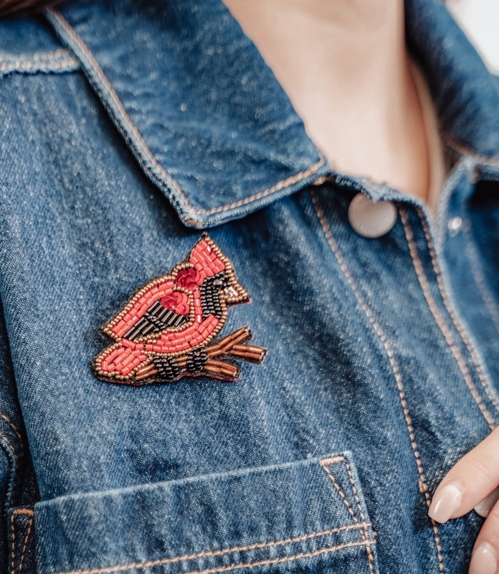Bala Mani Beaded Cardinal Brooch Pin - Handmade