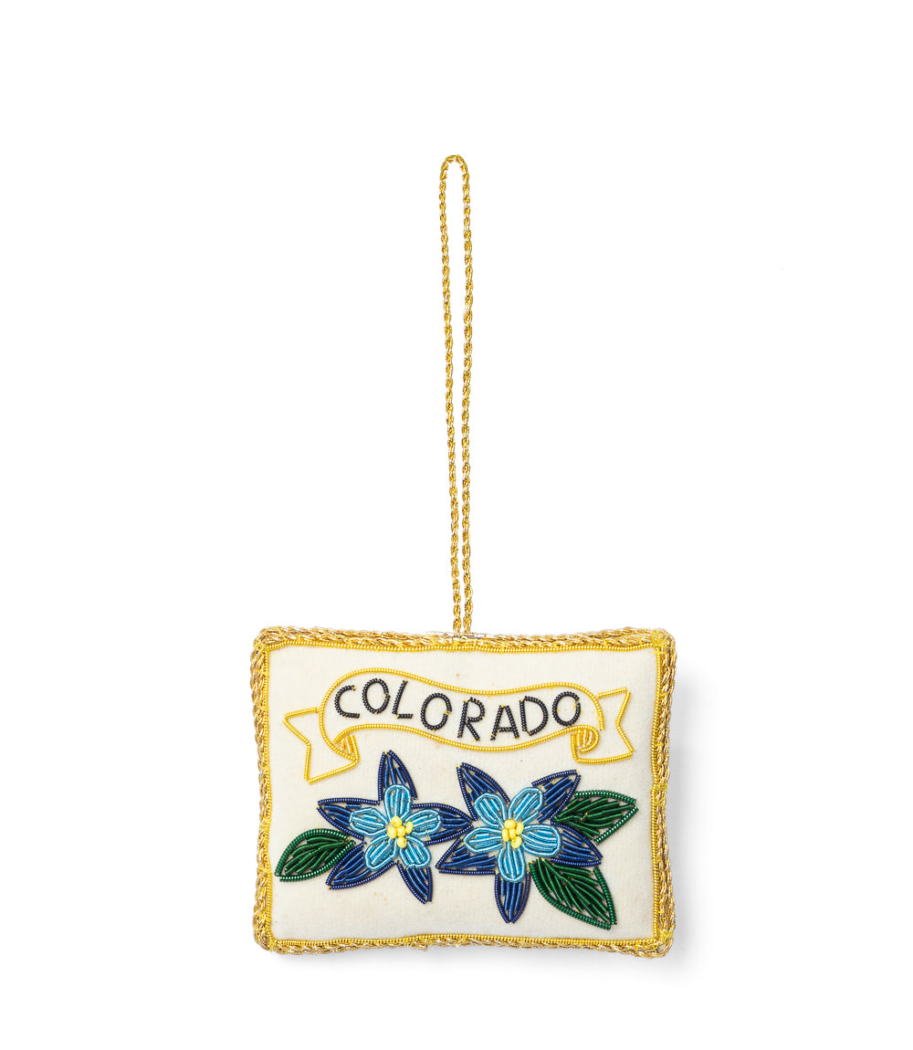 Colorado State Blue Columbine Beaded Ornament - Hand Embroidered