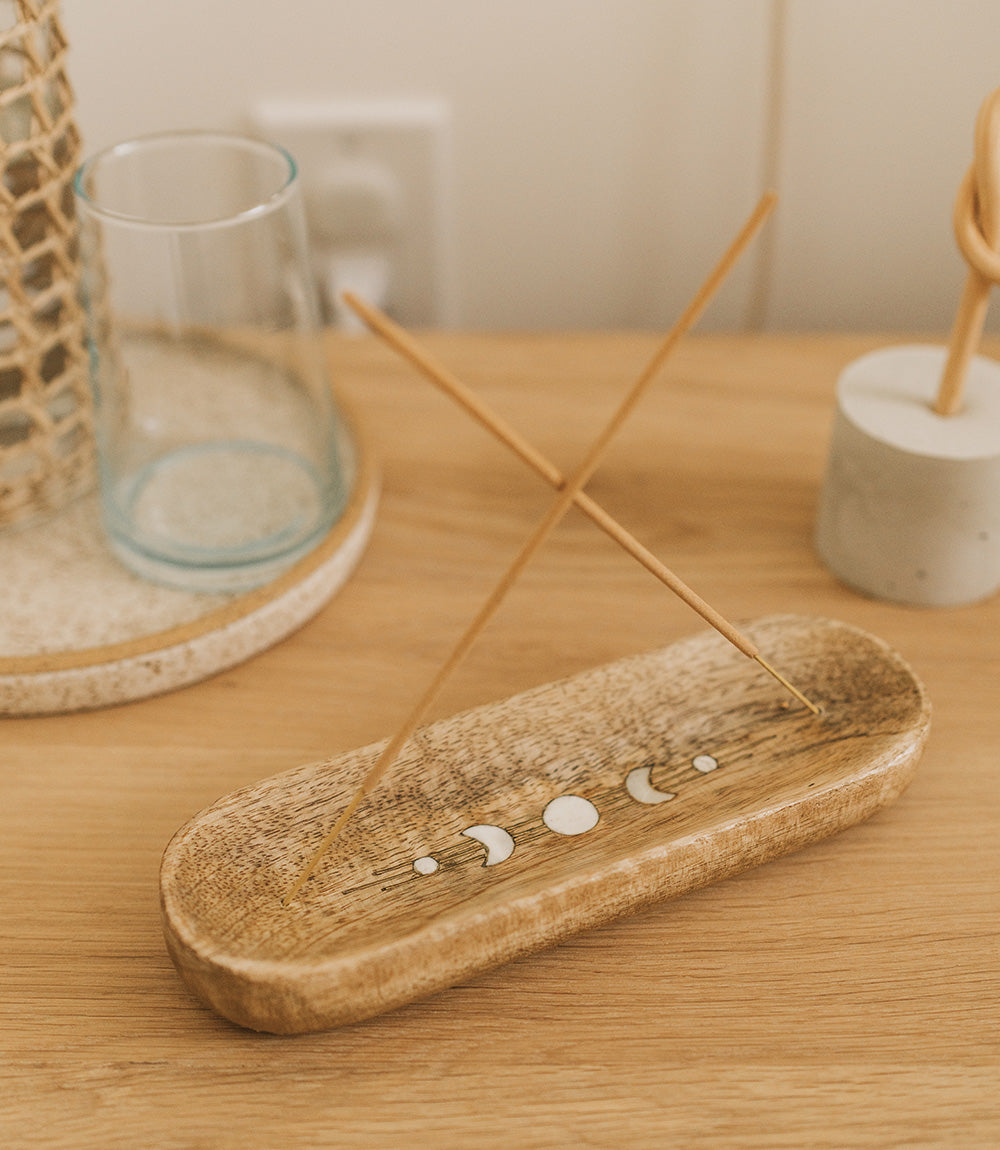 Indukala Moon Phase Double Trinket Dish Incense Holder - Wood, Mother of Pearl