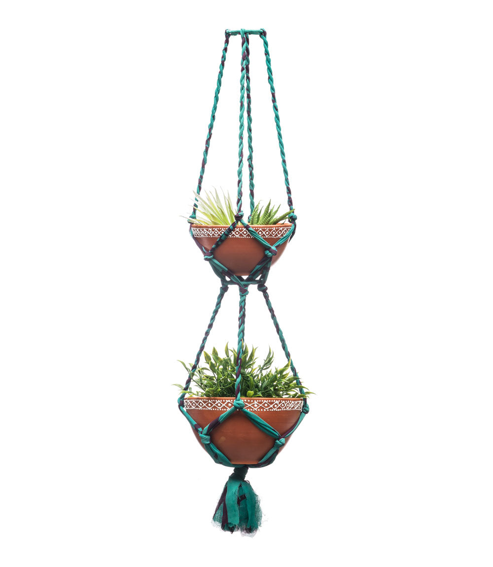 Macrame Tiered Two Pots Hanging Planter - Assorted Upcycled Sari