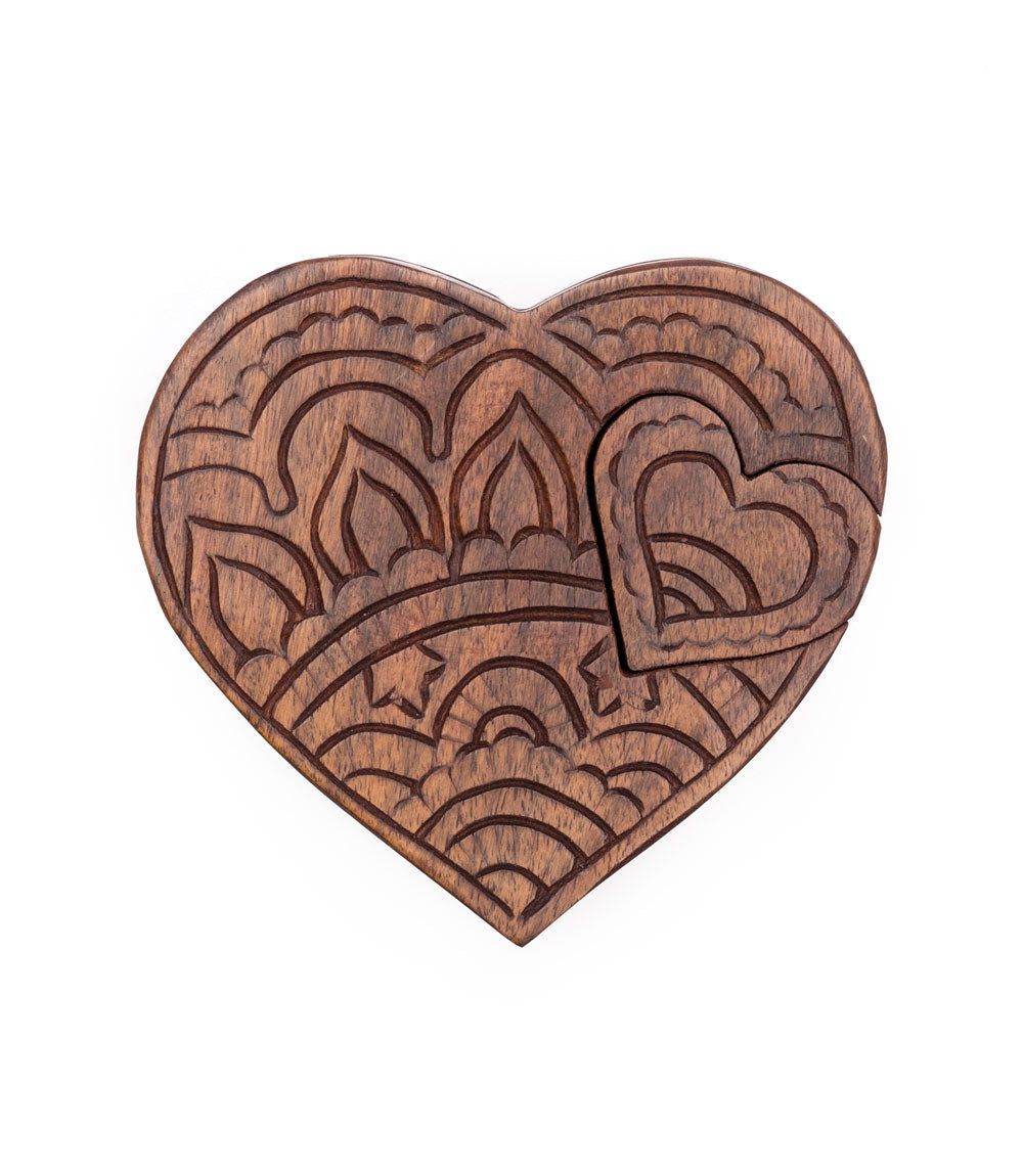 Heart Puzzle Box Jewelry Holder - Hand Carved Wood