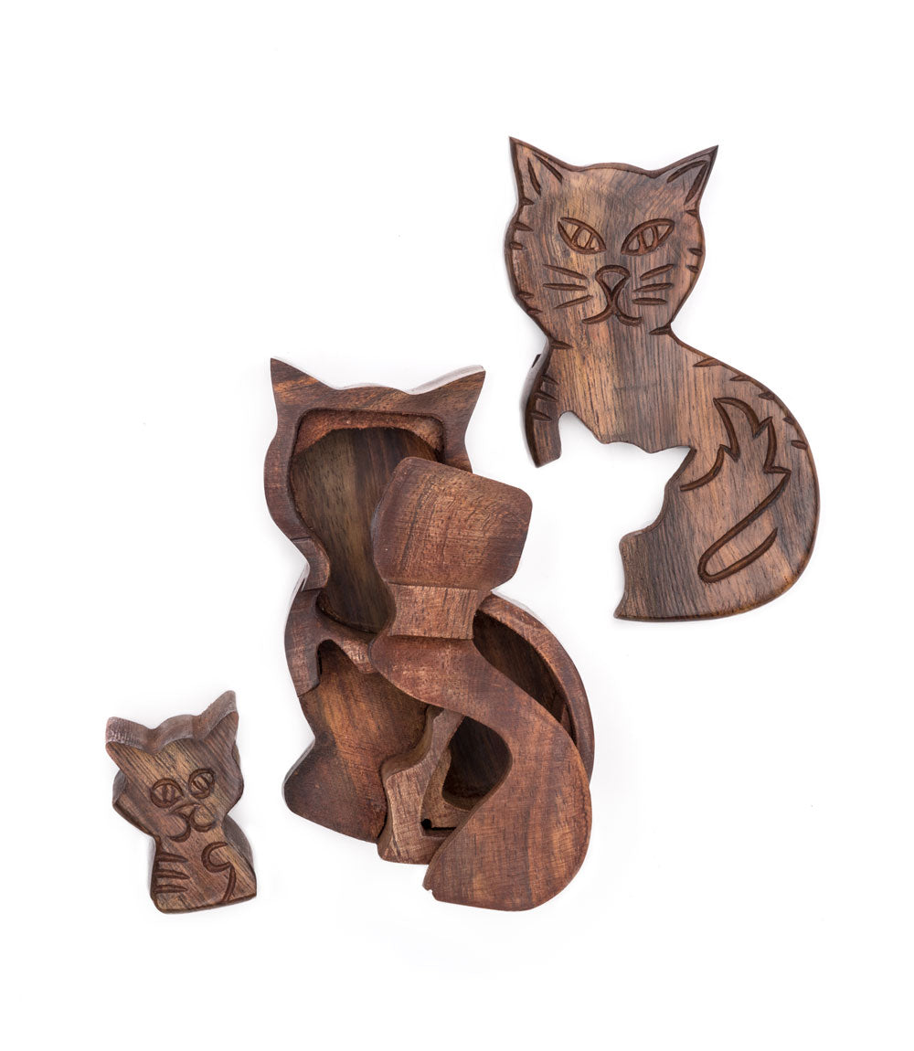 Cat and Kitten Puzzle Box - Hand Carved Indian Rosewood