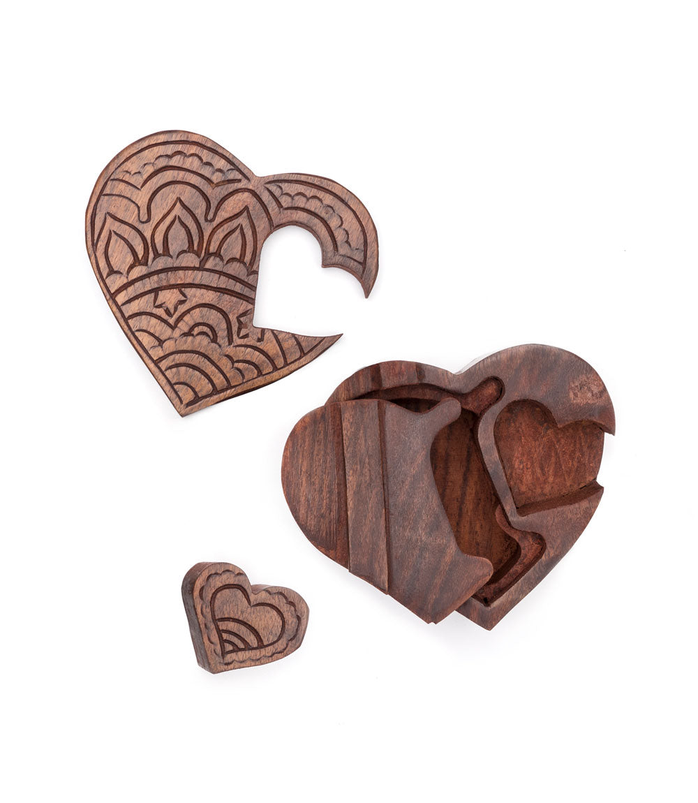 Heart Puzzle Box Jewelry Holder - Hand Carved Wood