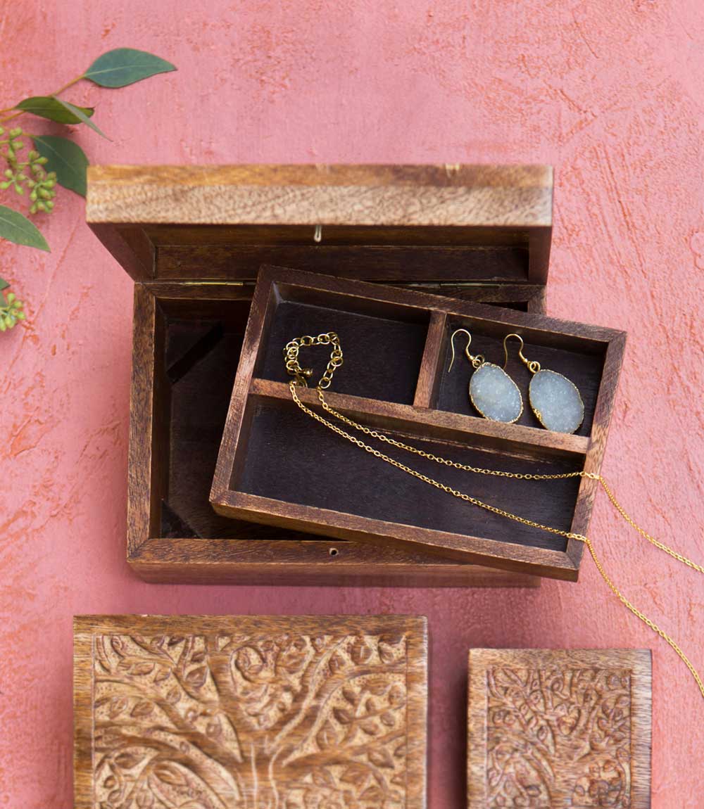 Aranyani Tree of Life Jewelry Box With Tray - Hand Carved Wood