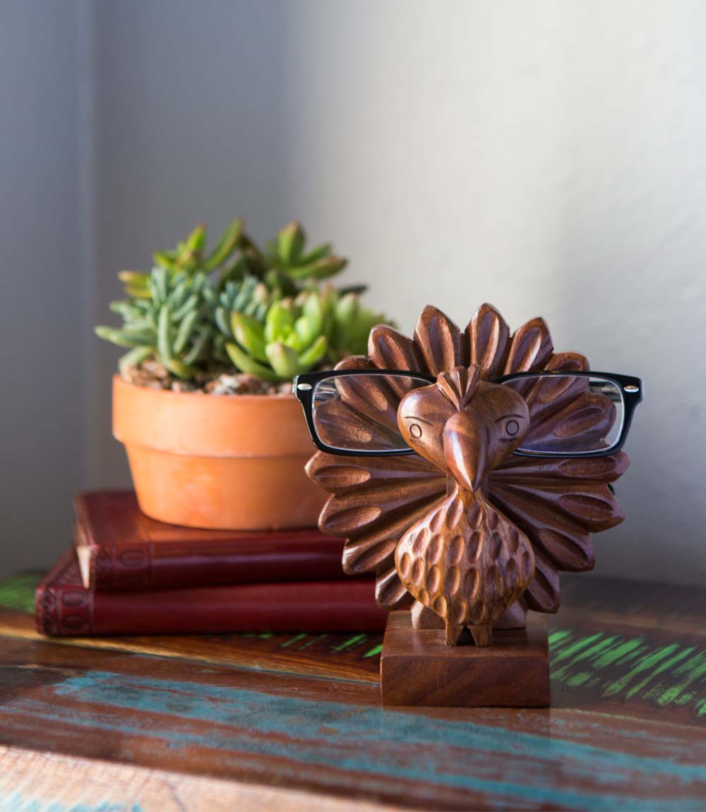 Peacock Glasses Holder Stand - Handcrafted Wood