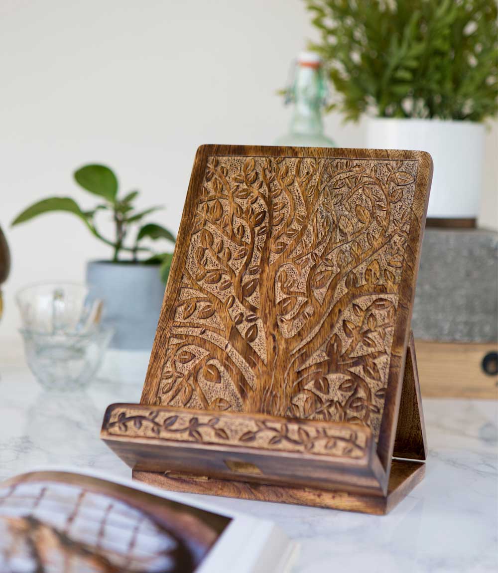 Aranyani Tree of Life Book Holder Tablet Stand - Hand Carved Wood