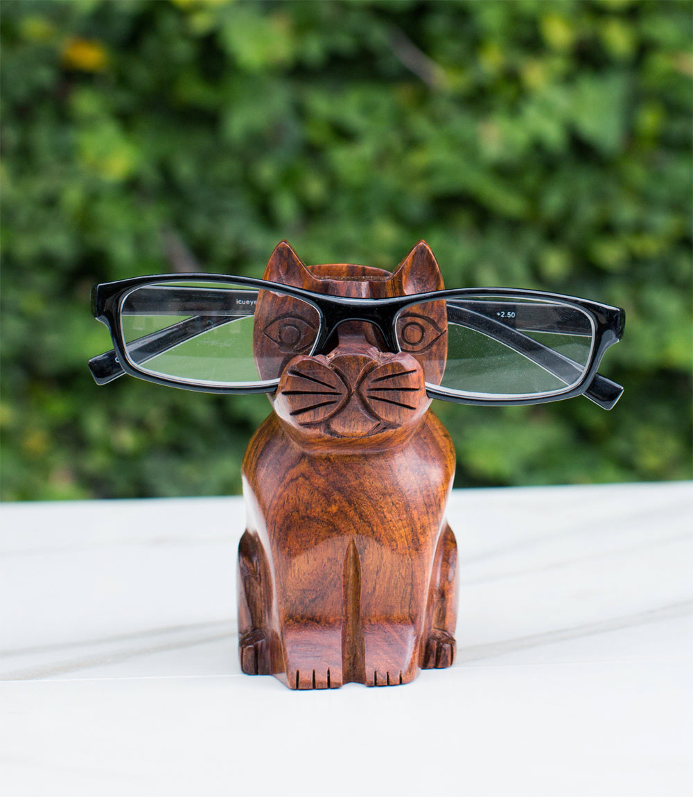 Cat Eyeglass Holder Stand - Hand Carved Wood