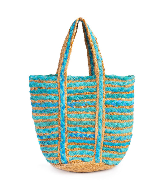 Chindi Blue Beach Bag Tote - Upcycled Fabric, Hand Woven