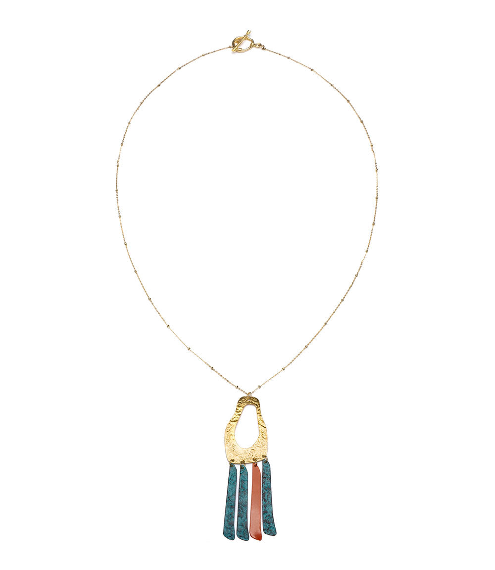 Nihira Teal and Red Fringe Pendant Necklace