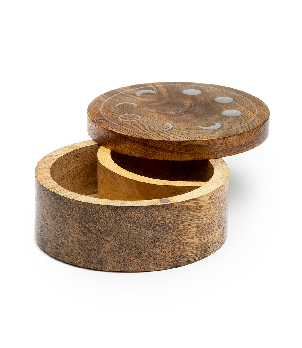 Indukala Moon Phase Round Pivot Box - Handcrafted Mango Wood – Matr Boomie