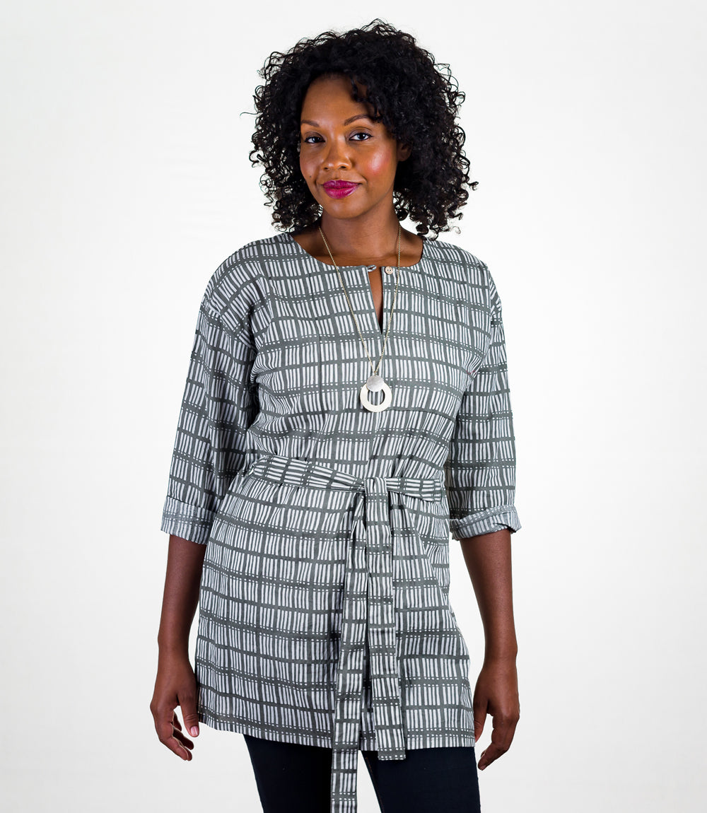 Kamini Women's Dash Belted Tunic  - Block Print Cotton, L/XL