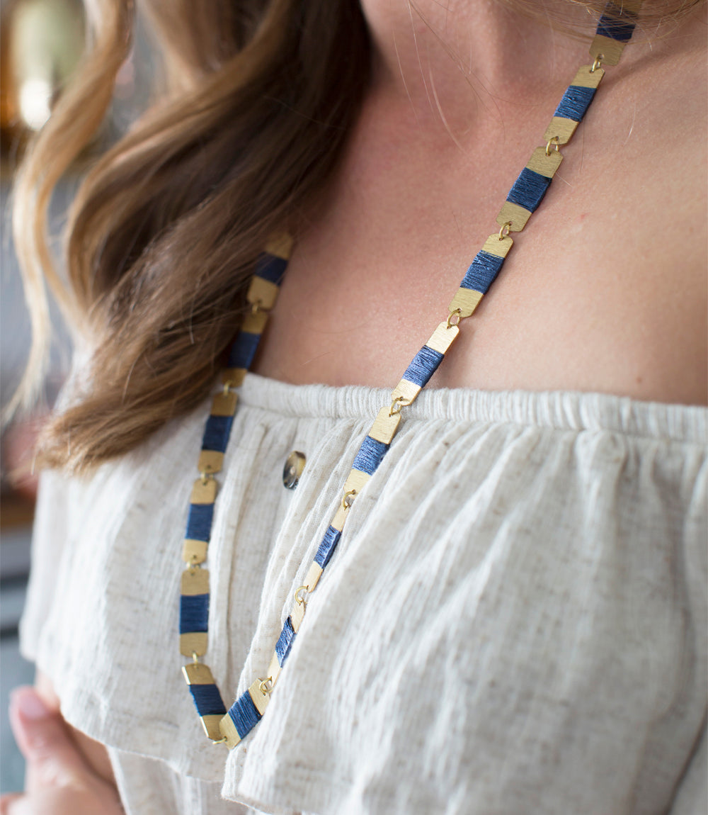 Kaia Chain Link Drop Necklace - Navy Thread Wrapped