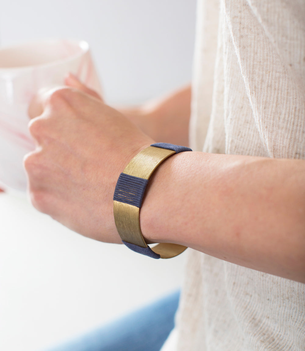 Kaia Gold Tone Cuff Bracelet - Navy Thread Wrapped