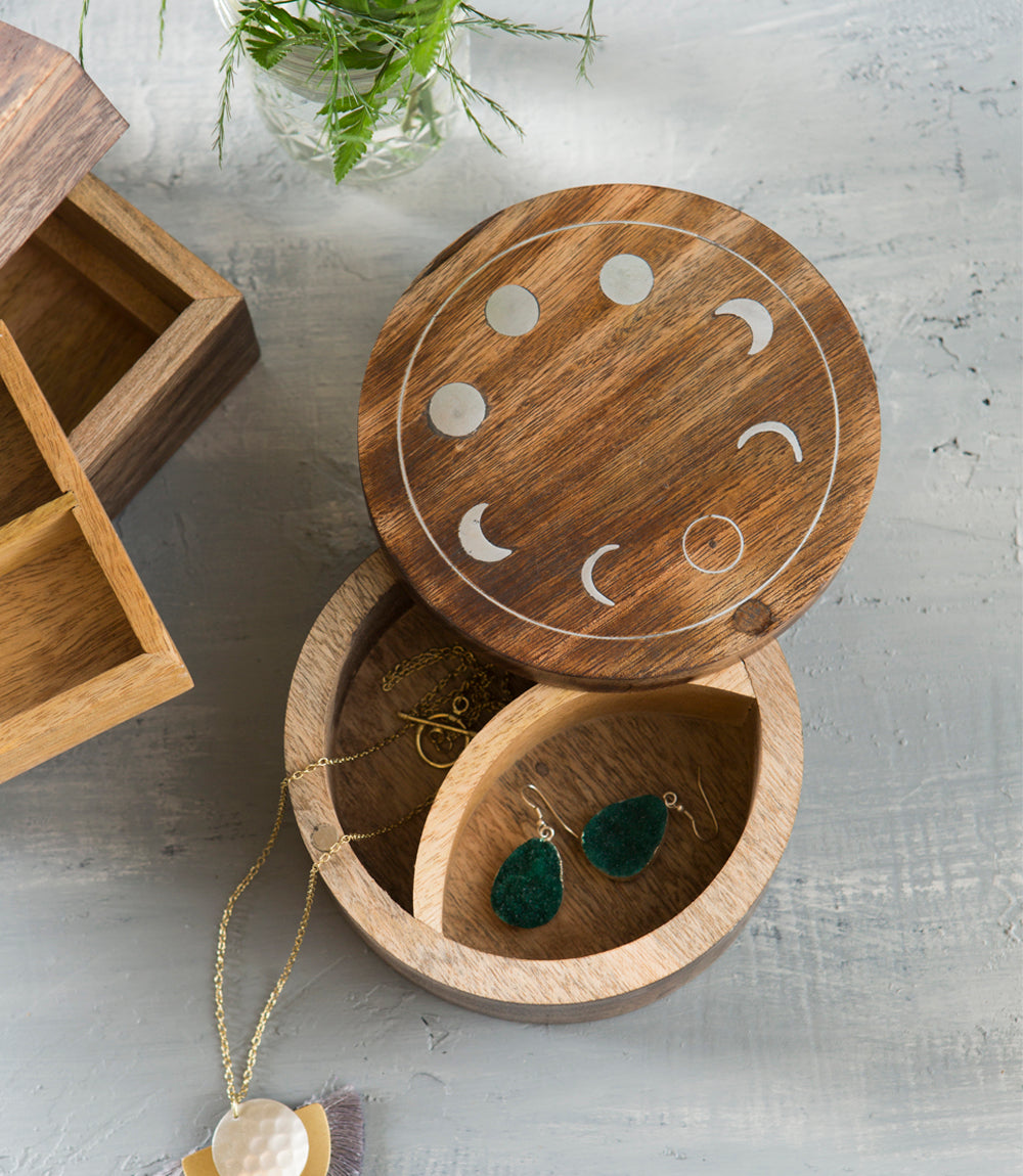 Indukala Moon Phase Round Pivot Box - Handcrafted Mango Wood