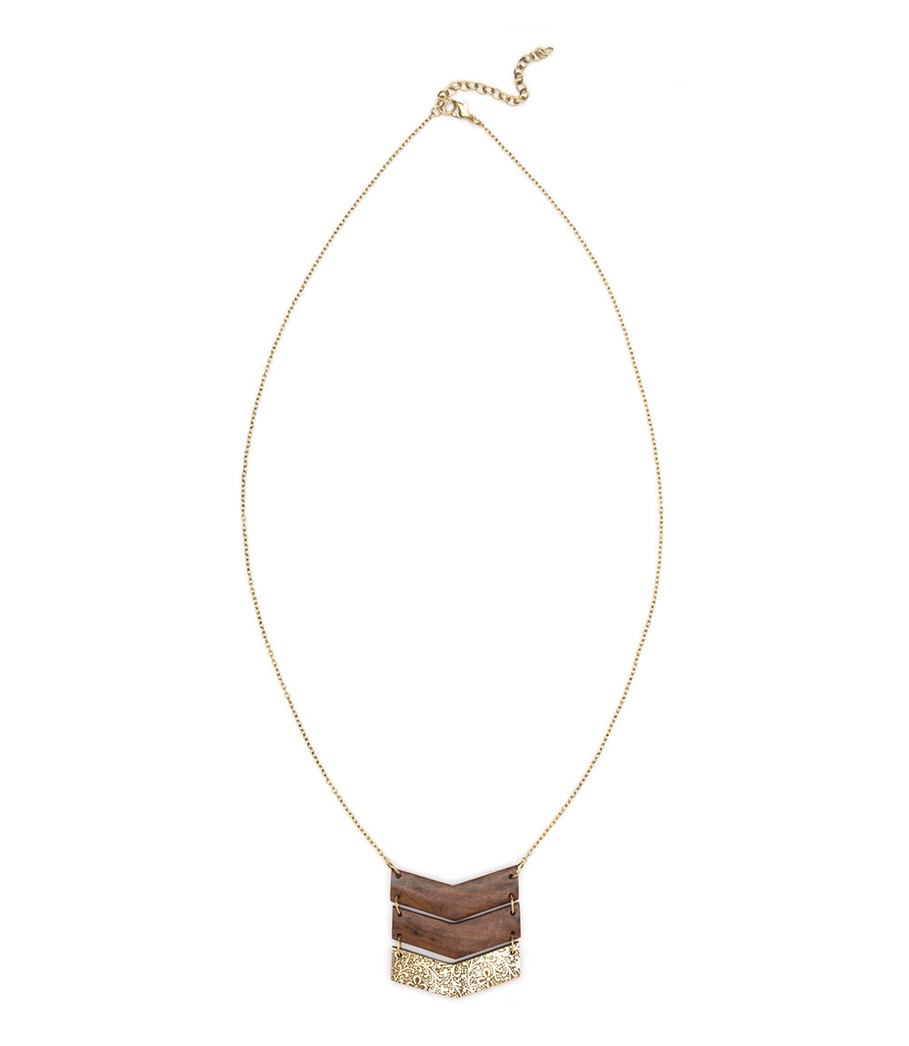Earth and Fire Chevron Pendant Necklace - Wood, Etched Brass