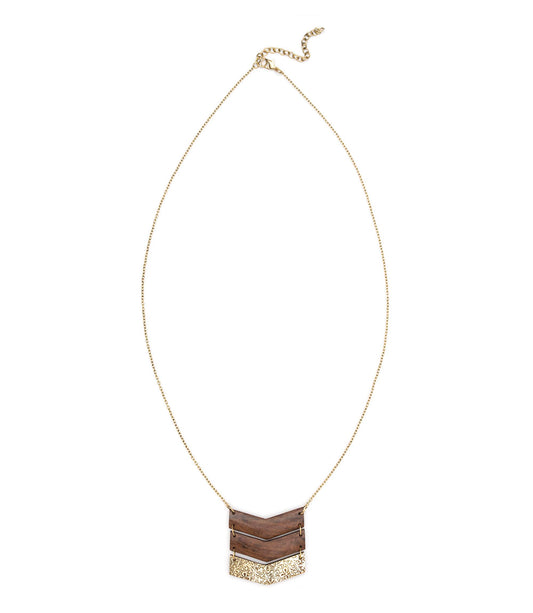 Earth and Fire Chevron Pendant Necklace - Wood, Etched Brass
