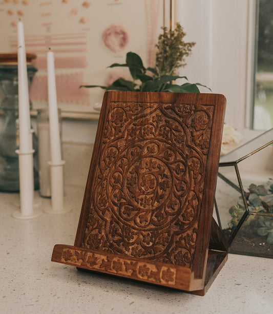 Mandala Floral Cookbook Stand - Carved Indian Rosewood