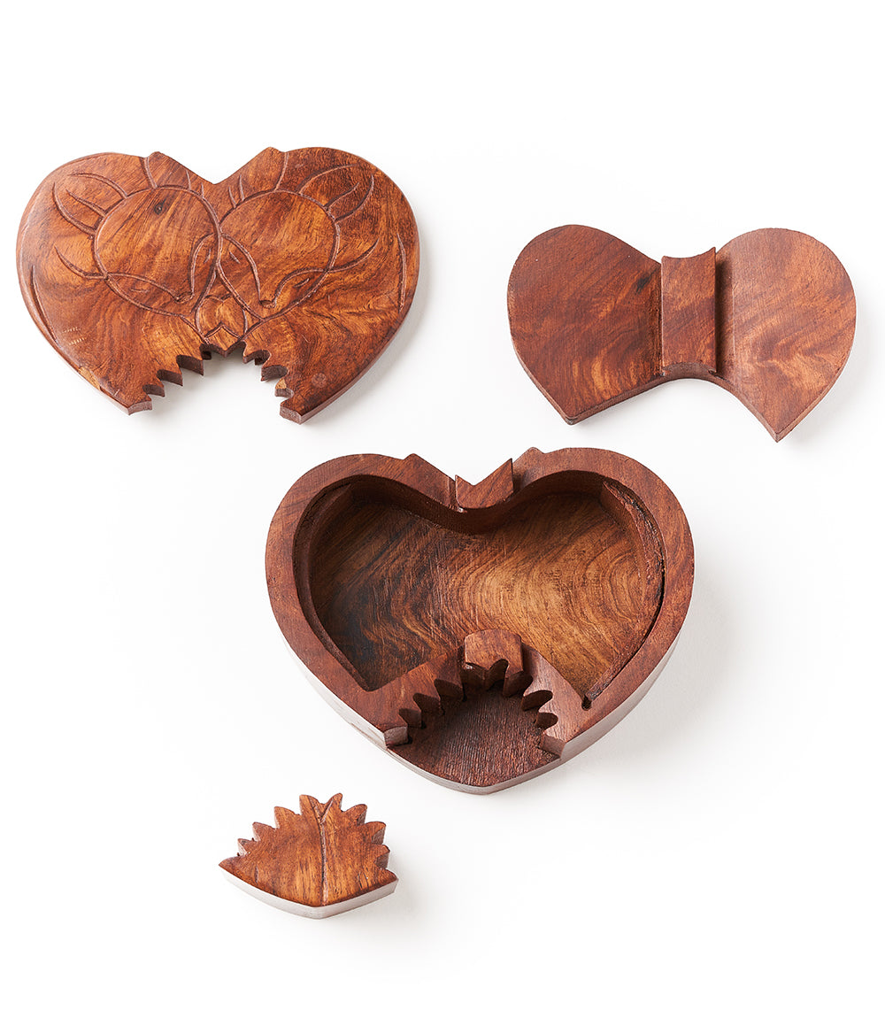 Foxes in Love Puzzle Box - Carved Indian Rosewood
