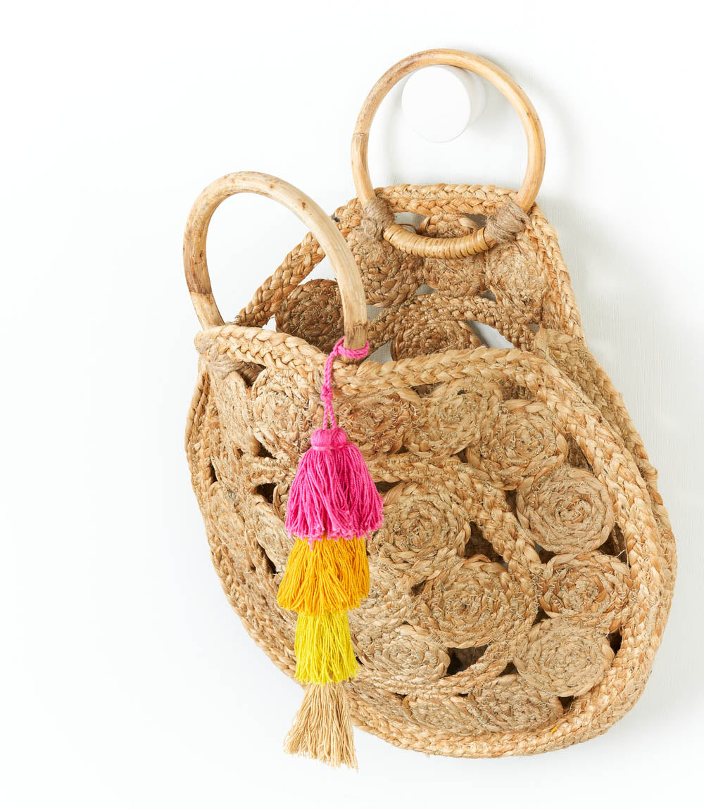 Round Wooden Handle Jute Tote Bag - Natural, Hand Woven