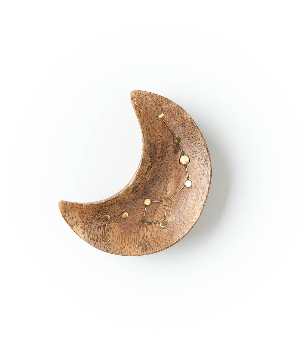 Jyotisha Crescent Moon Jewelry Tray Trinket Dish - Wood, Brass Inlay