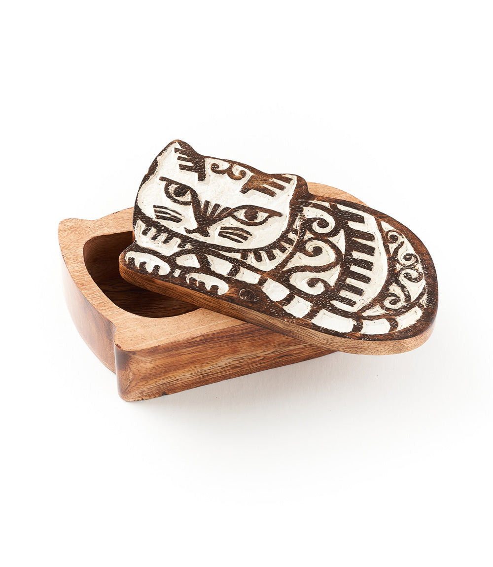 Aashiyana Cat Wooden Pivot Box - Hand Carved Antique Finish