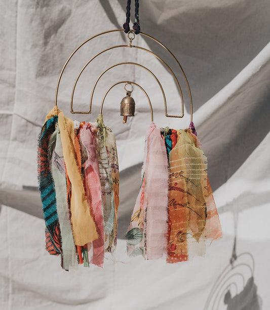 Swapna Rainbow Bell Wind Chime Upcycled Sari - Handmade Home
