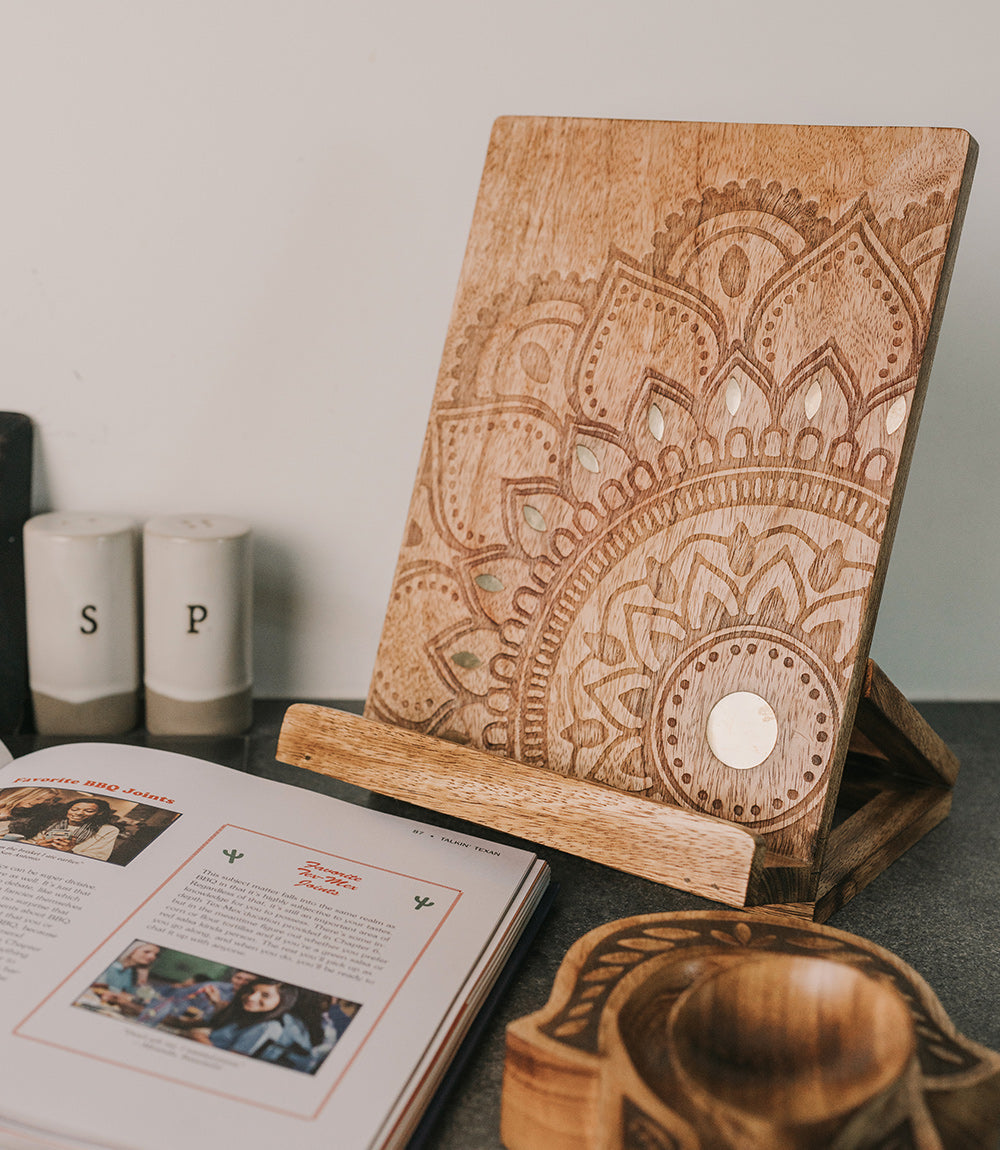 Mandala Book and Tablet Stand - Hand Carved Mango Wood