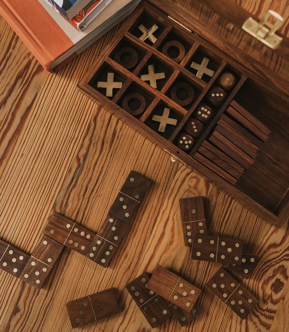 3-in-1 Game Set Dice, Dominoes, Tic Tac Toe - Handcrafted Wood