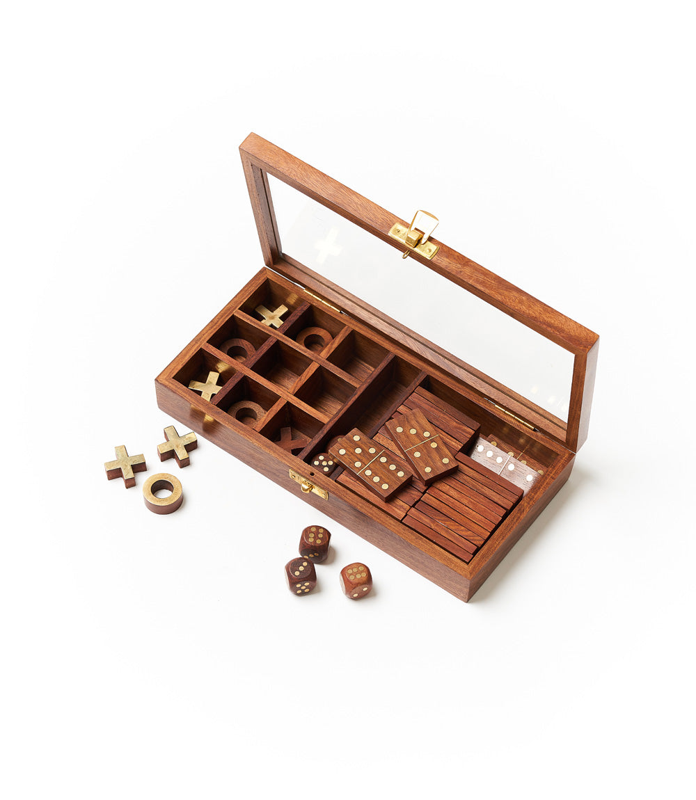 3-in-1 Game Set Dice, Dominoes, Tic Tac Toe - Handcrafted Wood