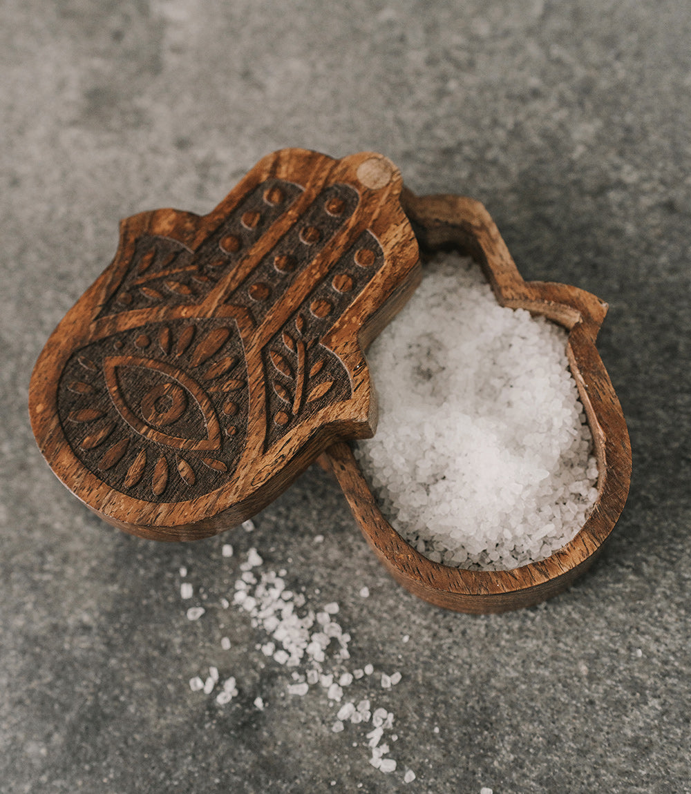 Hamsa Salt Cellar Spice Box Swivel Lid - Hand Carved Wood