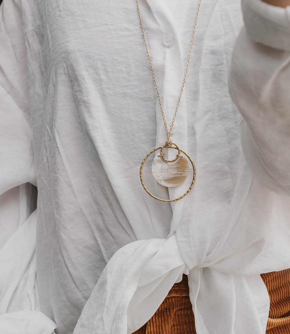 Madhu Drop Necklace - Natural Bone and Brass Pendant