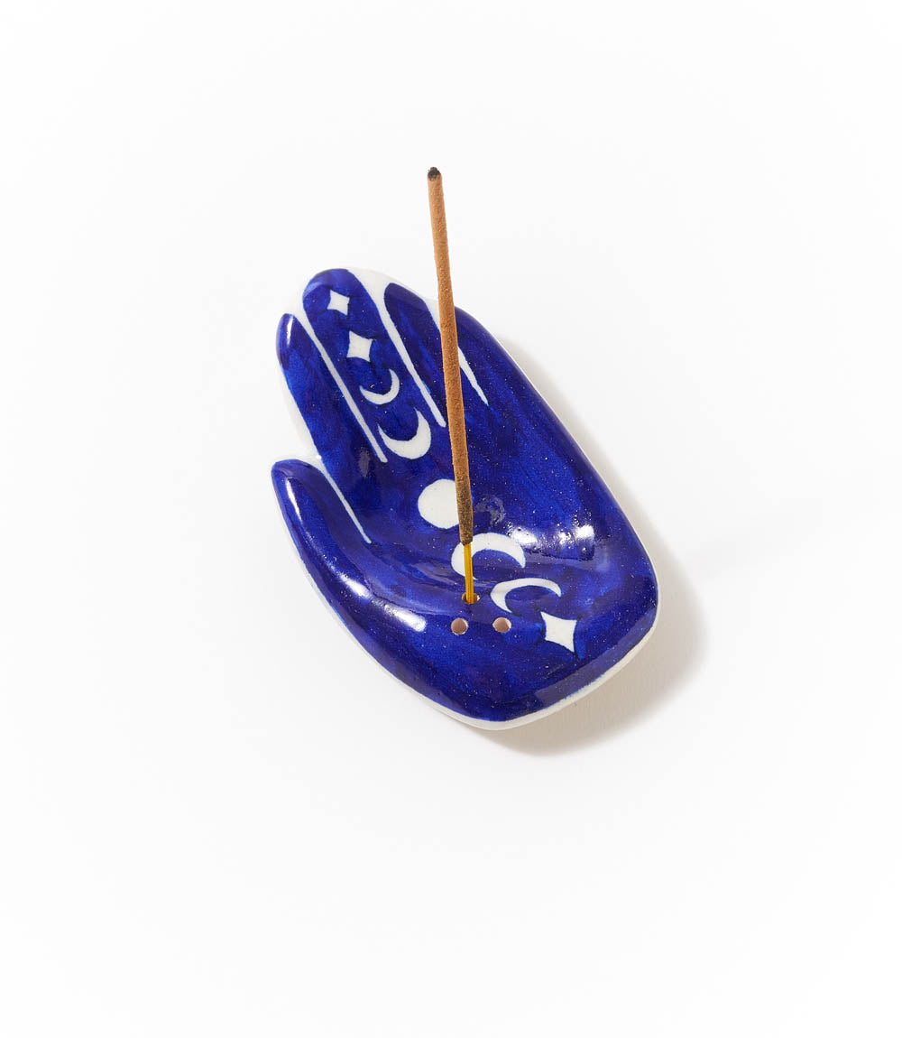 Jalini Hamsa Moon Phase Incense Holder Hand Painted Ceramic