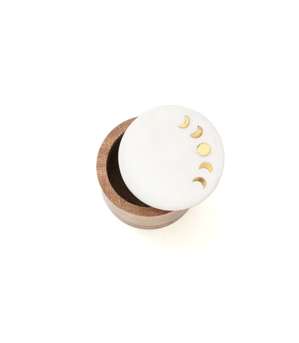 Indukala Moon Phase Round Keepsake Box - Wood, Marble, Brass