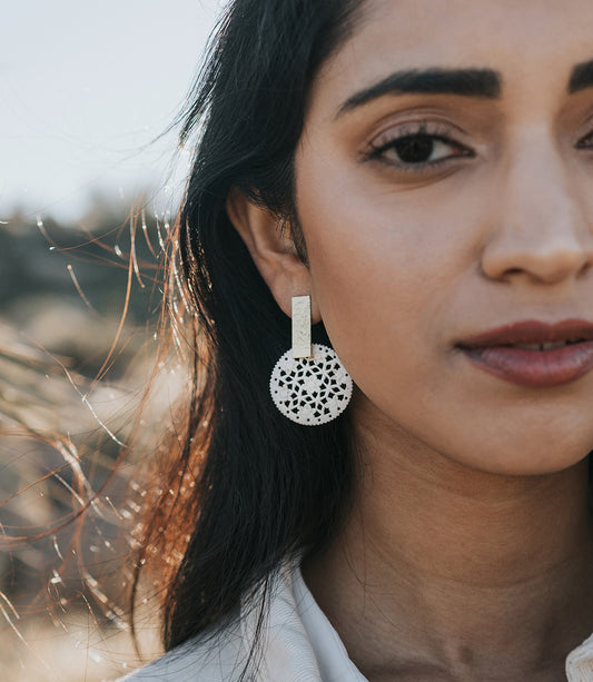 Charu Filigree Bone and Brass Bar Stud Drop Earrings