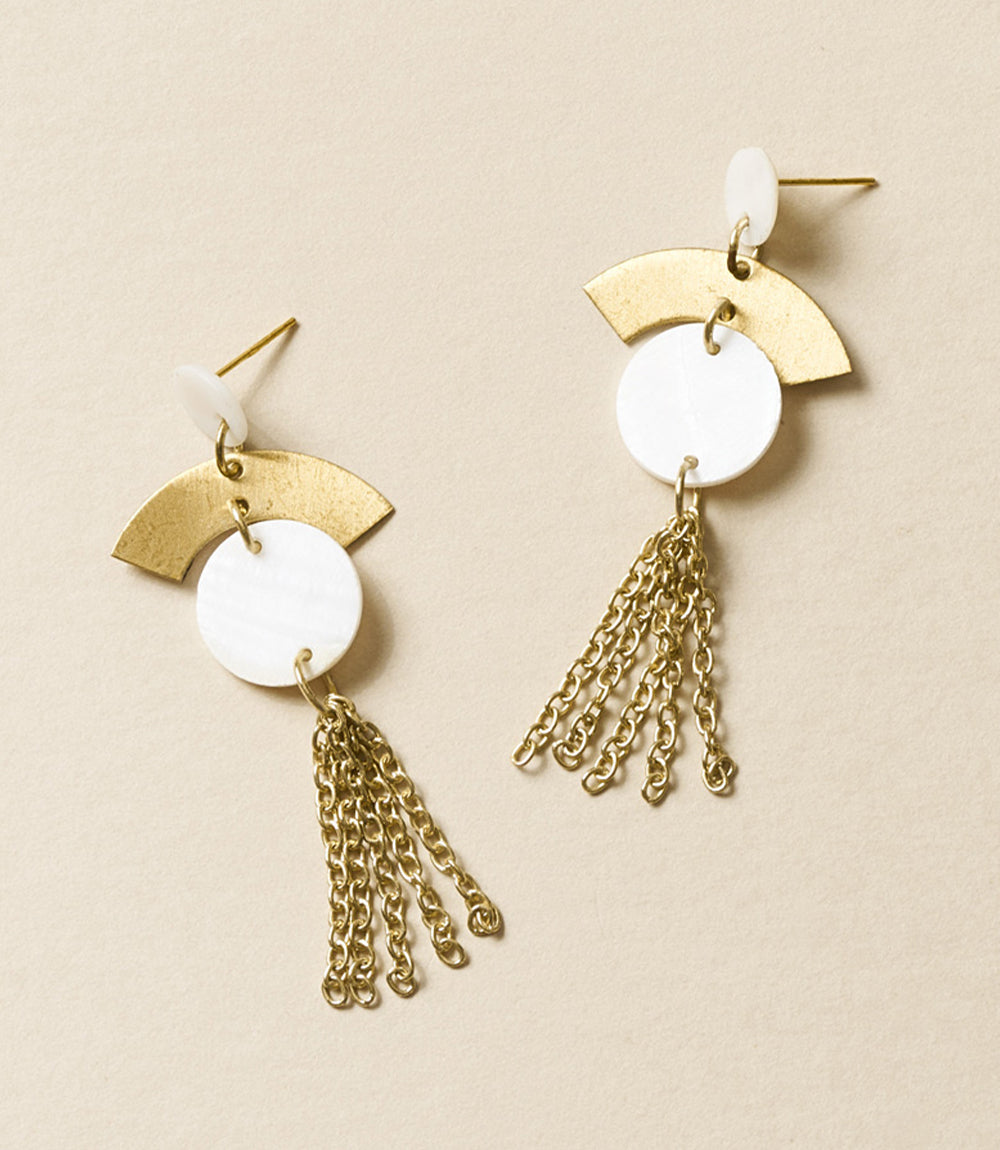 Ishwari Dangle Earrings - Mother of Pearl, Chain Tassel