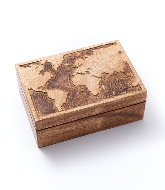 World Map Spice Box with 6 Steel Bowls, Handcrafted Wood