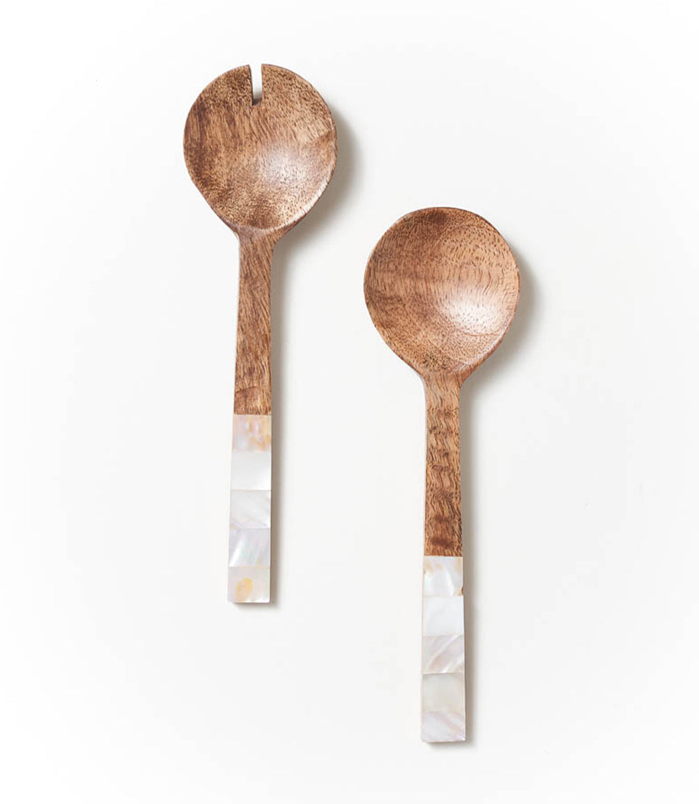 Chitra Wooden Serving Spoons Set of 2 - Mother of Pearl