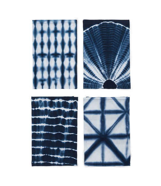 Shibori Tie Dye Cloth Dinner Napkins Set of 4 - Reusable, Indigo, White