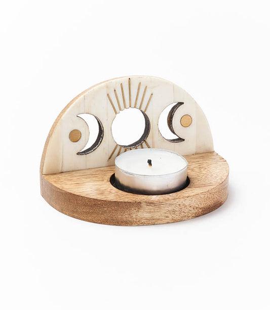 Indukala Moon Phase Tealight Candle Holder - Carved Bone Wood