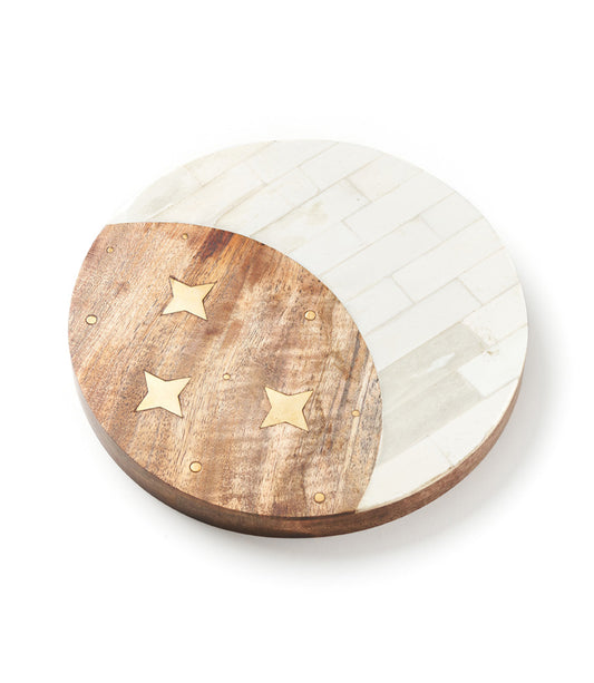 Nakshatra Moon Stars Cheese Board - Bone, Wood, Brass