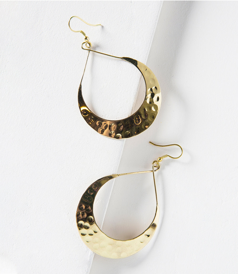 Lunar Crescent Hammered Shiny Gold Hoop Earrings