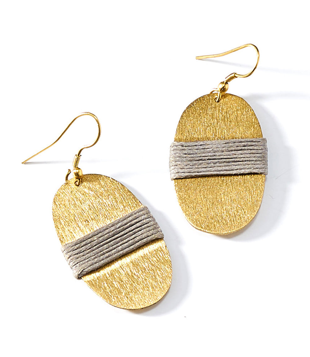 Kaia Gold Drop Earrings - Gray Thread Wrapped Medallion