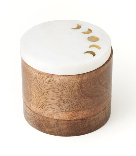 Indukala Moon Phase Round Keepsake Box - Wood, Marble, Brass