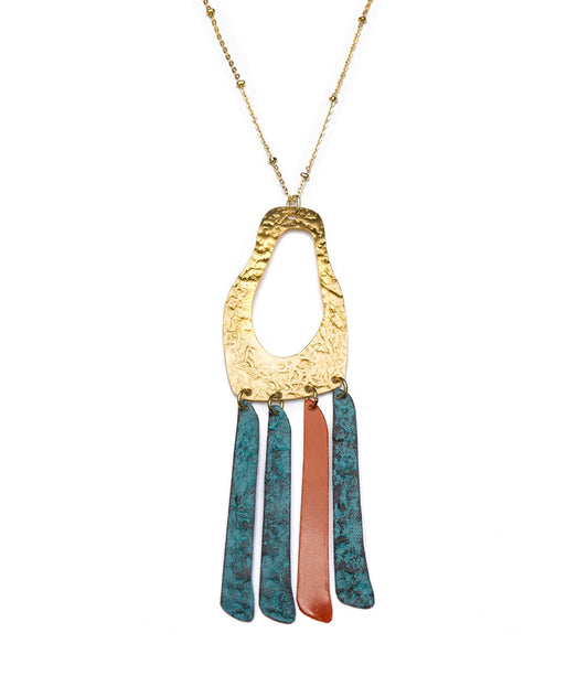 Nihira Teal and Red Fringe Pendant Necklace
